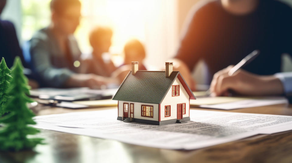 A person signing a document on their kitchen table, a family and home in the background.