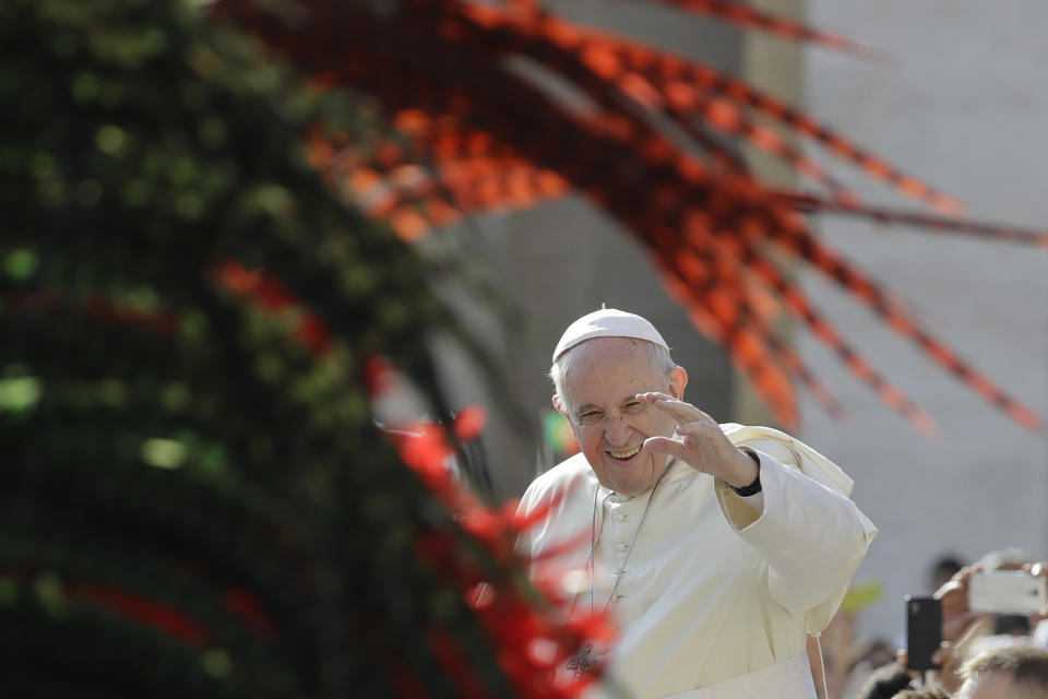 Pope Francis salutes as he arrives for his weekly general audience, at the Vatican, Wednesday, Aug. 29, 2018. (AP Photo/Andrew Medichini)