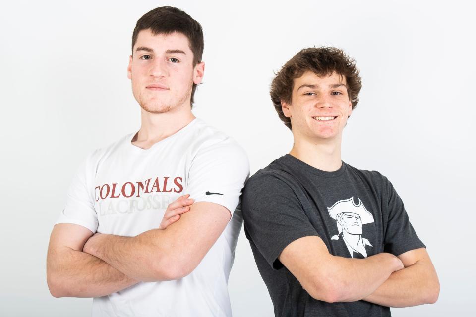 New Oxford boys' lacrosse players Jarret Bitzer (left) and Ryan Carver (right) during YAIAA spring sports media day on March 3, 2024, in York.
