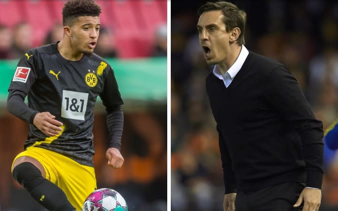 Gary Neville (right) has hit out at Manchester United after another failed Jadon Sancho bid - GETTY IMAGES