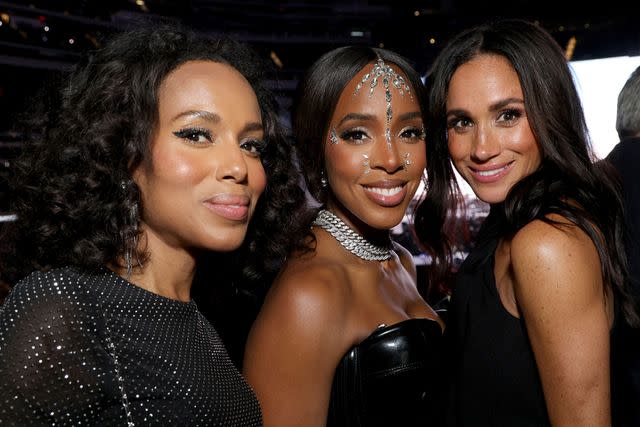 <p>Kevin Mazur/WireImage</p> Kerry Washington, Kelly Rowland and Meghan, Duchess of Sussex at Beyonce's Renaissance World Tour concert on September 4.