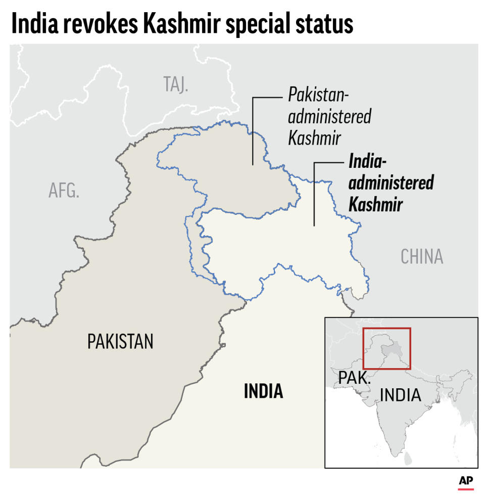 Graphic highlights the Kashmir areas of India and Pakistan;