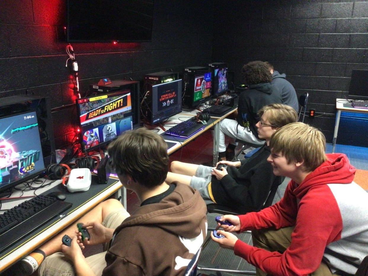 Students on the Super Smash Bros esports team at Ashland High School practice in their lab at the school.