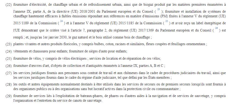 <span>Capture d'écran, réalisée le 27 juin 2024, de l'annexe III de la directive européenne TVA établissant la liste des biens et services susceptibles de se voir appliqués des taux de TVA réduits</span>