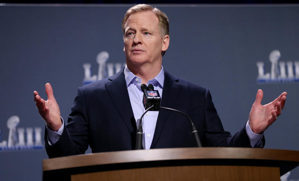 NFL commissioner Roger Goodell takes questions during his media availability on January 30, 2019 in Atlanta, GA. (Boston Herald)