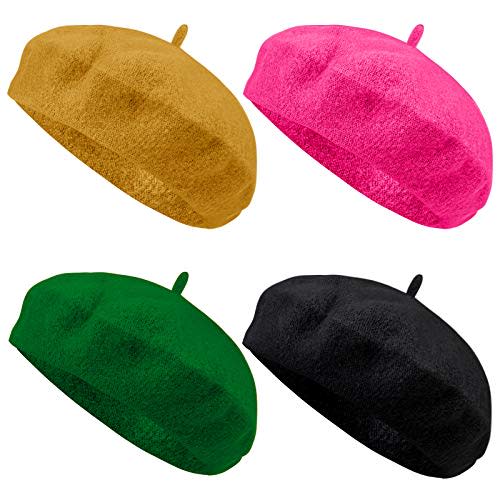 URATOT 4 Pieces Beret Hat for Women Classic Solid Color French Style Beanie Winter Cap (Black, Green, Hot Pink, Orange Brown)