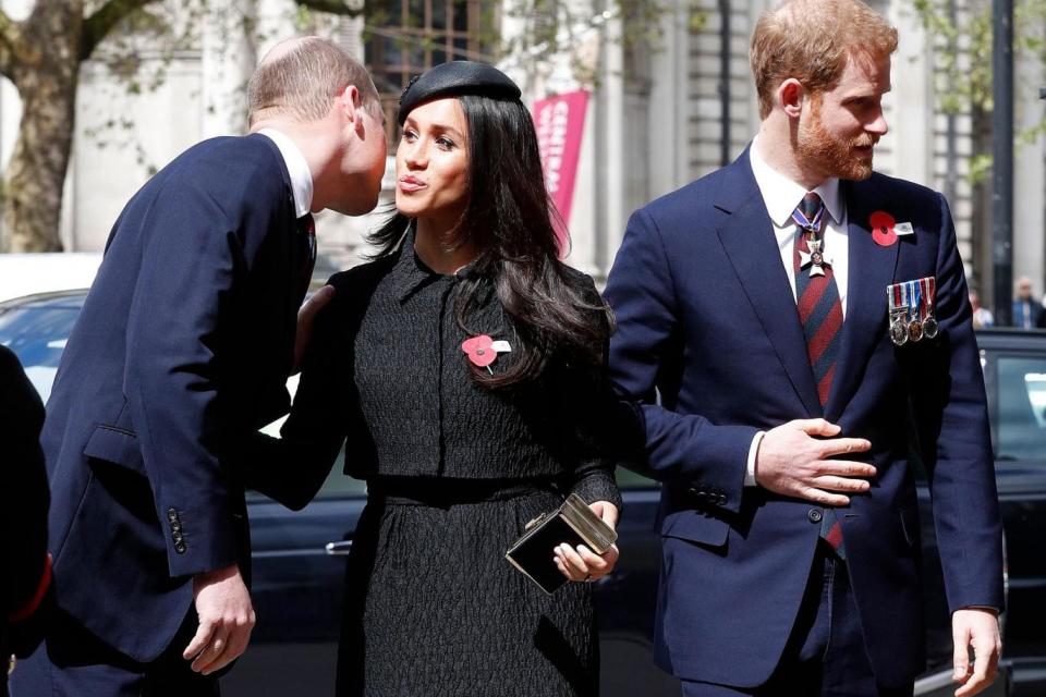 Prince William greets Meghan Markle at an Anzac Day event in central London (AFP/Getty Images)