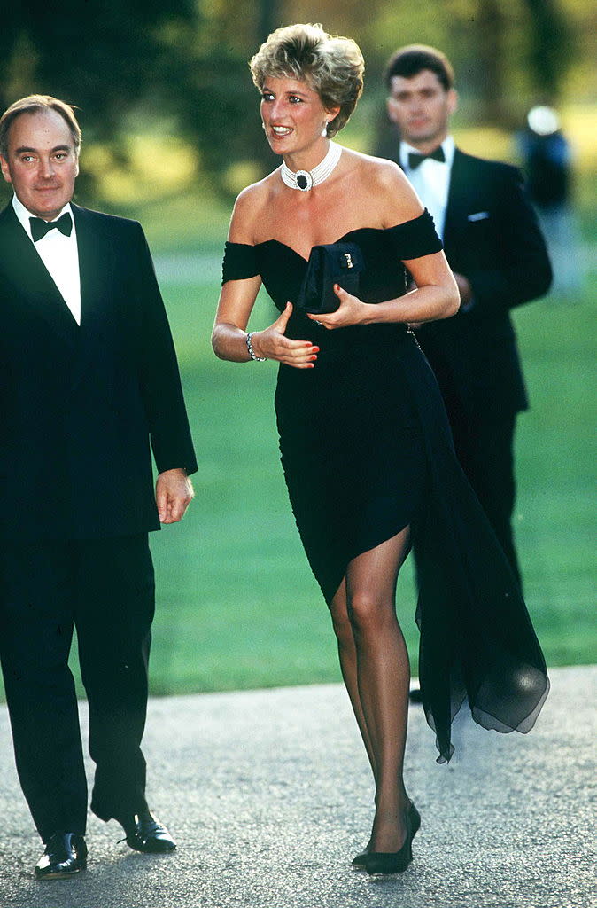 A photo of Diana arriving at the Serpentine Gallery in London in June 1994 wearing the 'revenge dress.'