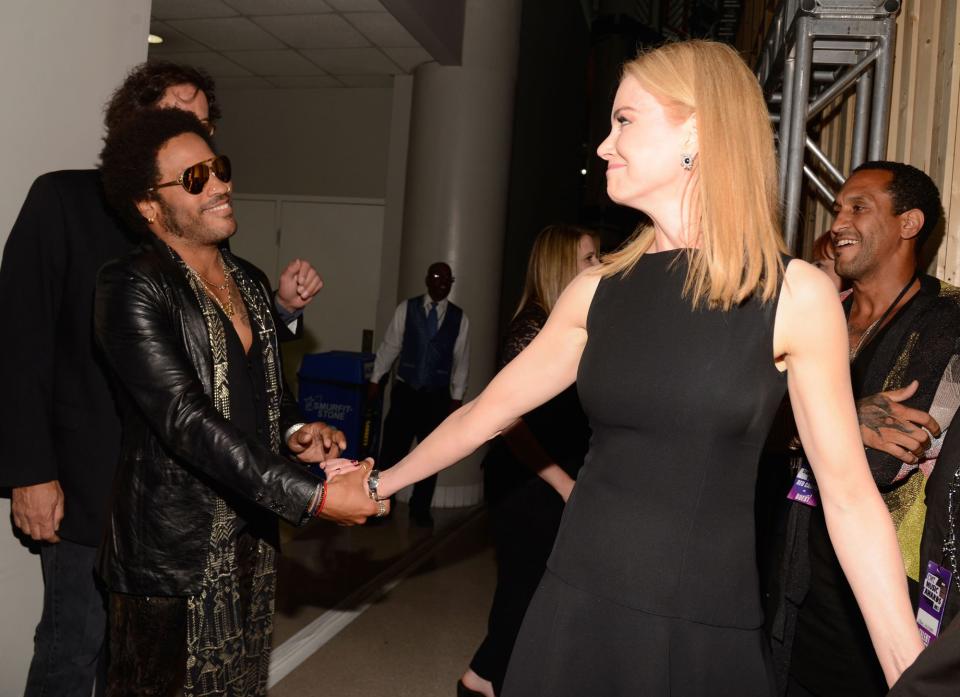 Kidman recently revealed that she was<a href="http://people.com/celebrity/nicole-kidman-reveals-engagement-lenny-kravitz/" rel="nofollow noopener" target="_blank" data-ylk="slk:once engaged;elm:context_link;itc:0;sec:content-canvas" class="link "> once engaged</a> to the rocker, whom she dated in 2003. "It just wasn't right," she told <a href="http://www.vanityfair.com/hollywood/2007/10/kidman-200710" rel="nofollow noopener" target="_blank" data-ylk="slk:Vanity Fair;elm:context_link;itc:0;sec:content-canvas" class="link "><i>Vanity Fair</i> </a>in 2007 about her then-secret former fiancé. "I wasn't ready. We weren't ready." Now, Kidman is starring alongside Kravitz's daughter Zoë in the HBO miniseries <i>Big Little Lies.</i> "Well, I knew Zoë because I was engaged to her father. It's all in the family," she told <i>The EDIT</i>, adding, "I love Lenny; he's a great guy." The one-time lovebirds reunited backstage at the 2016 CMT Music Awards, where they <a href="http://people.com/country/nicole-kidman-keith-urban-lenny-kravitz-pose-for-photos-at-cmts/" rel="nofollow noopener" target="_blank" data-ylk="slk:posed for sweet pictures;elm:context_link;itc:0;sec:content-canvas" class="link ">posed for sweet pictures</a> alongside Kidman's husband Keith Urban.