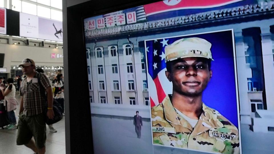 PHOTO: A TV screen shows a file image of American soldier Travis King during a news program at the Seoul Railway Station in Seoul, South Korea, Aug. 16, 2023. (Ahn Young-joon/AP)