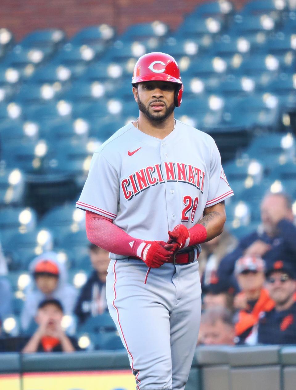 Cincinnati Reds left fielder Tommy Pham (28) returns to the dugout after being tagged out at first base against the San Francisco Giants during the first inning at Oracle Park on June 24.