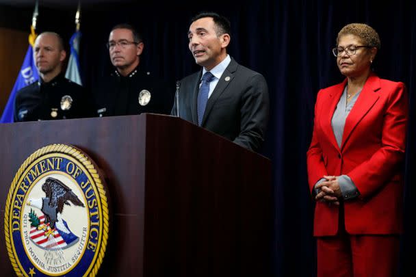 PHOTO: Los Angeles Mayor Karen Bass looks on as U.S. Attorney Martin Estrada speaks at a press conference announcing the arrest of Jaime Tran for the attempted murder of two people outside separate synagogues, Feb. 17, 2023, in Los Angeles. (Robert Gauthier/Los Angeles Times via Getty Images)