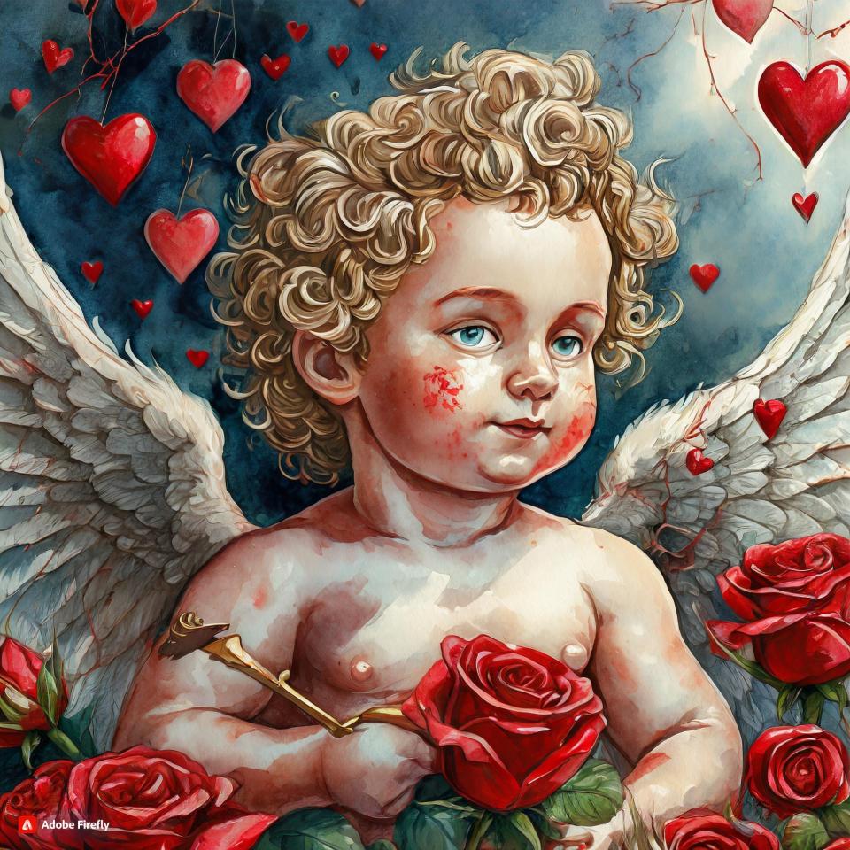This design was created with Adobe FireFly's generative AI photo tool. The AI was told to create a historically accurate painting of Cupid as a cherub (as he's often depicted), surrounded by hearts and roses.