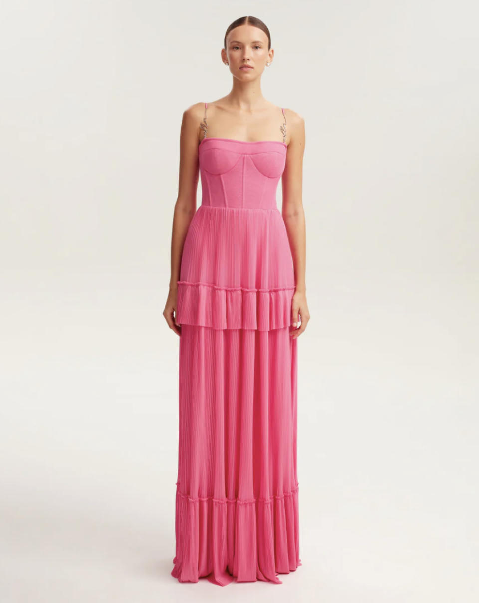 Barbie pink spaghetti strap pleated maxi dress, Garden of Eden
