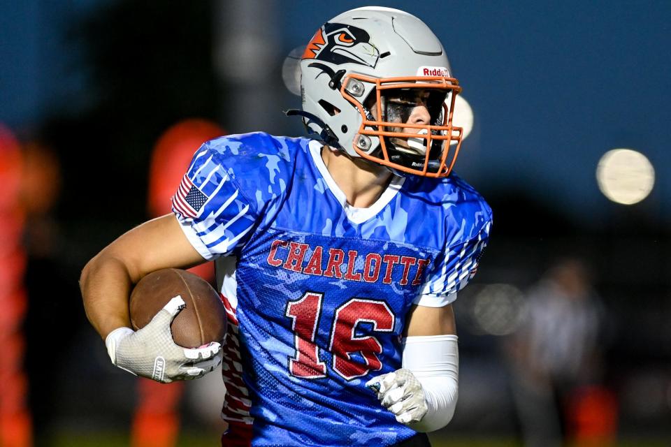 Charlotte's Braden Hill returns a kick for positive yards during the second quarter in the game against Portland on Friday, Sept. 30, 2022, at Charlotte High School.