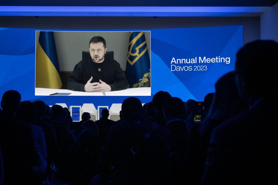 Zelensky appearing before the WEF in Davos today (AFP/Getty)