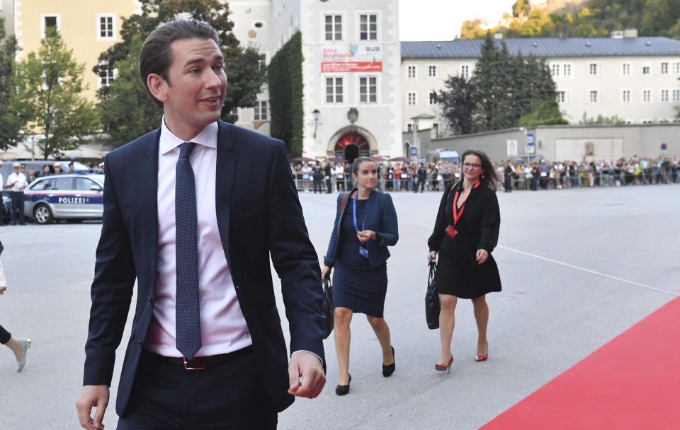 Austrian Chancellor Sebastian Kurz smiles when arriving at the informal EU summit in Salzburg, Austria, Wednesday, Sept. 19, 2018. (AP Photo/Kerstin Joensson)