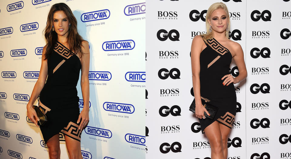 <p>Victoria’s Secret model Alessandra Ambrosio and singer Pixie Lott have also shared a fashion moment with both of them photographed in a cutout dress by Versace. Ambrosio was first to wear the SS15 design at a New York-based event in October 2014 before Pixie Lott looked to the Italian fashion house for sartorial support at the GQ Men of the Year Awards almost a year later. <em>[Photo: Getty]</em> </p>