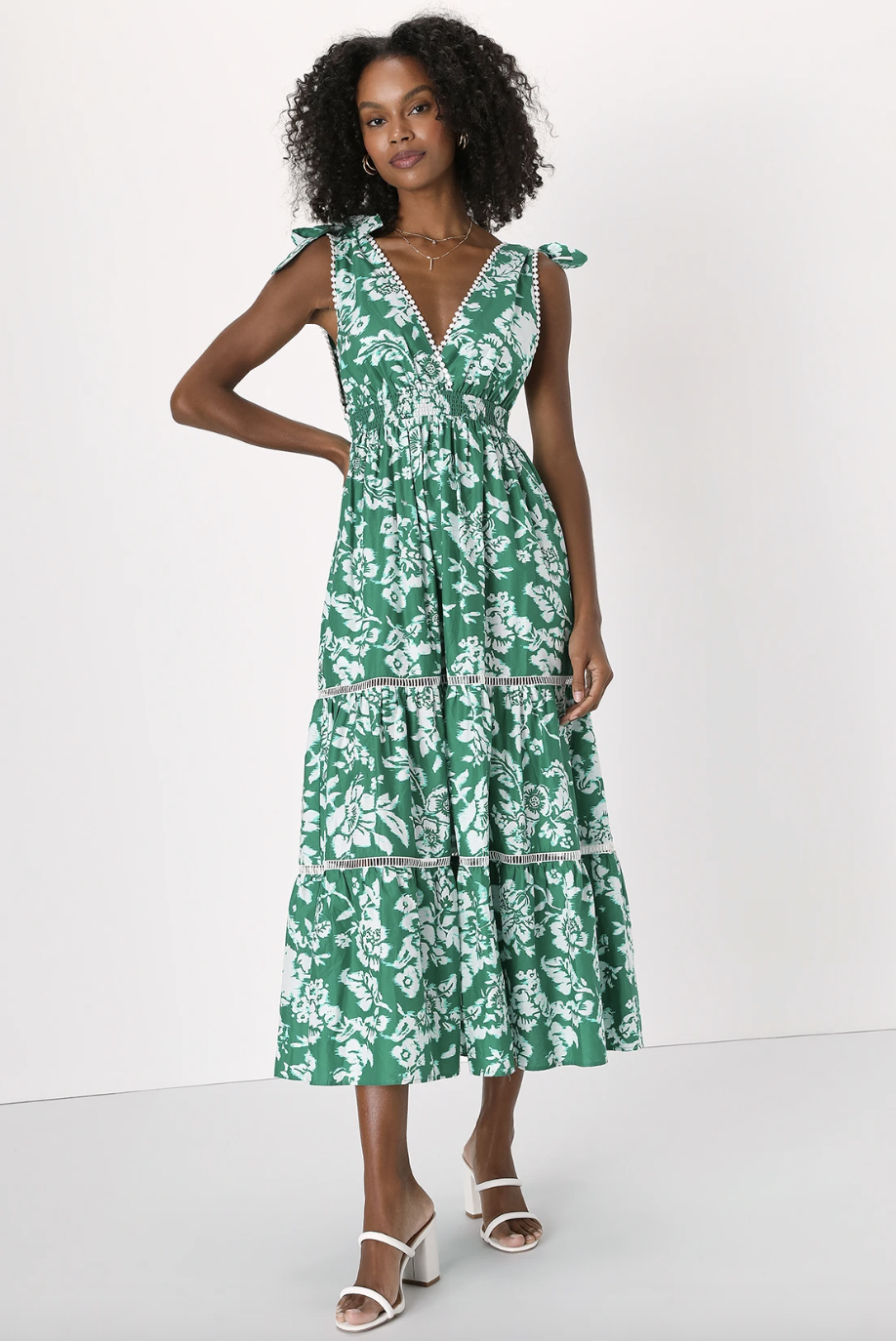 model wearing green and white floral dress, Sweet Spectacle Green Floral Tie-Strap Maxi Dress (photo via Lulus)