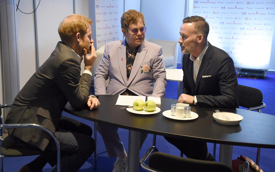 AMSTERDAM, NETHERLANDS - JULY 24:  (L-R) Prince Harry, Duke of Sussex, Sir Elton John, and David Furnish attend the Launch of the Menstar Coalition To Promote HIV Testing & Treatment of Men on July 24, 2018 in Amsterdam, Netherlands.  (Photo by Michael Kovac/Getty Images for EJAF)