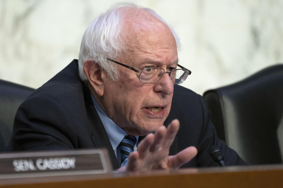 Senate HELP Committee Chair Sen. Bernie Sanders, I-Vt., questions Moderna CEO and Director Stephane Bancel during a Senate HELP Committee hearing on the price of the COVID-19 vaccine, Wednesday, March 22, 2023, on Capitol Hill in Washington. (AP Photo/Jacquelyn Martin)