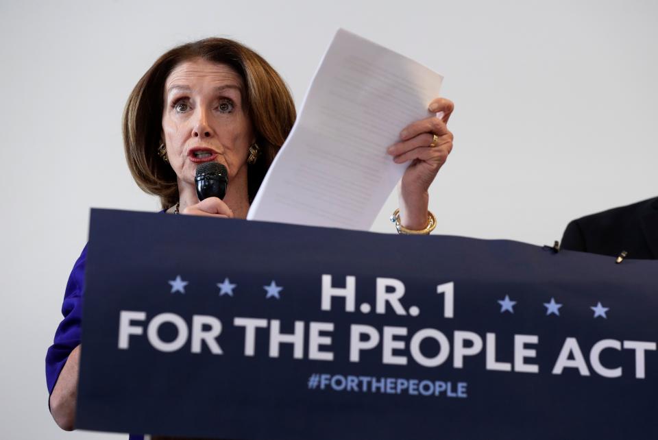 Speaker of the House Nancy Pelosi, D-Calif., speaks about voter rights during a joint a news conference with Rep. Lloyd Doggett, Tuesday, March 5, 2019, in Austin, Texas. (AP Photo/Eric Gay) ORG XMIT: TXEG102