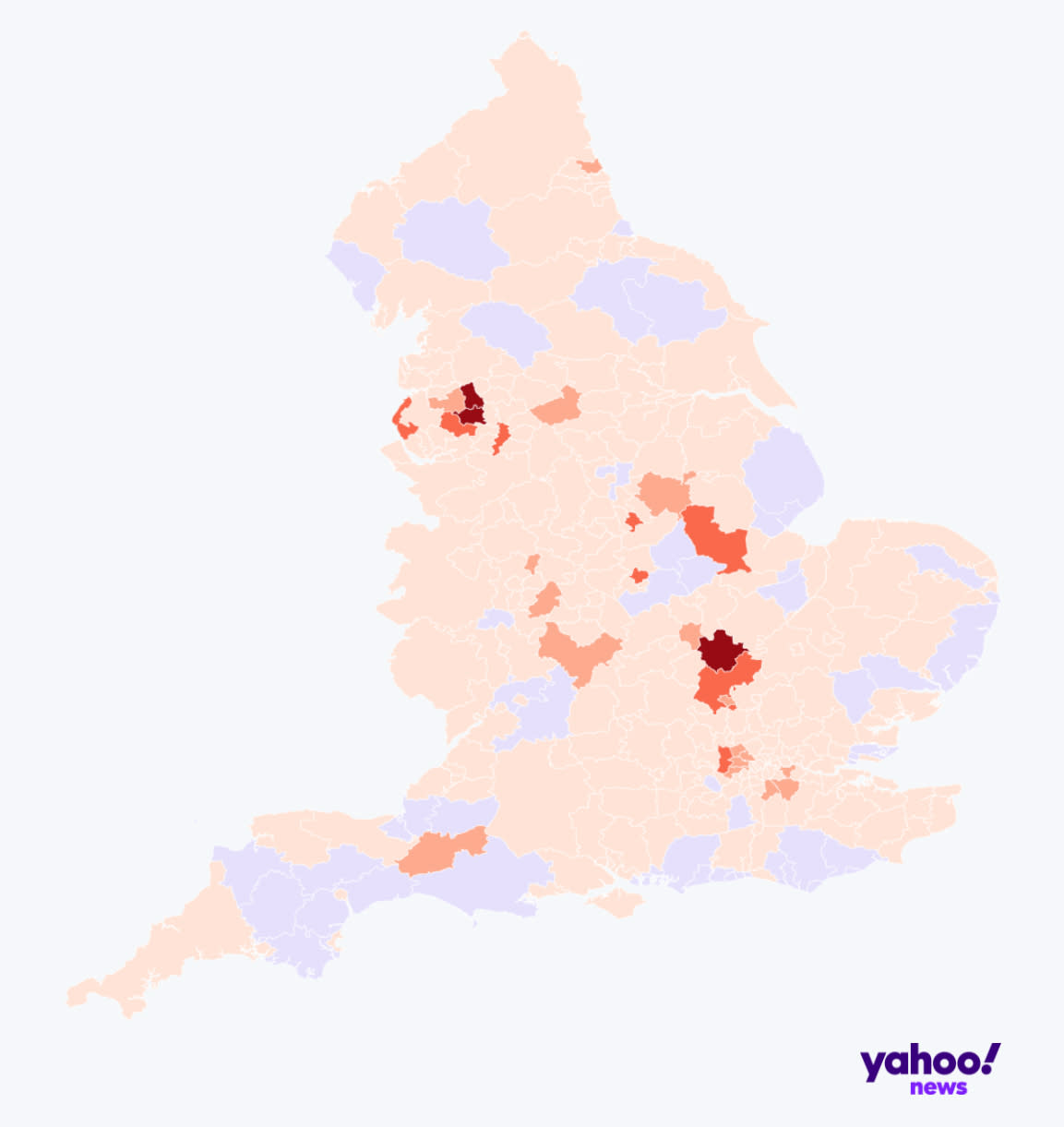 The Indian variant has spread quickly in a number of areas of England (PHE/Yahoo News UK/ Flourish)