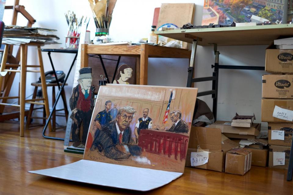 PHOTO: Sketch artist Jane Rosenberg's sketch of former President Donald Trump's April 4, 2023, arraignment in his New York hush money case landed on the cover of New Yorker magazine after going viral. 'I couldn't believe it was real,' she said. (Peter Charalambous/ABC News)