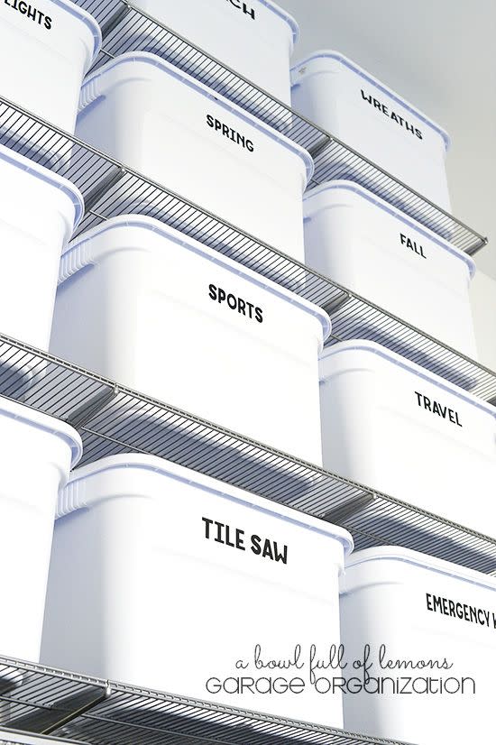 white storage bins with labels