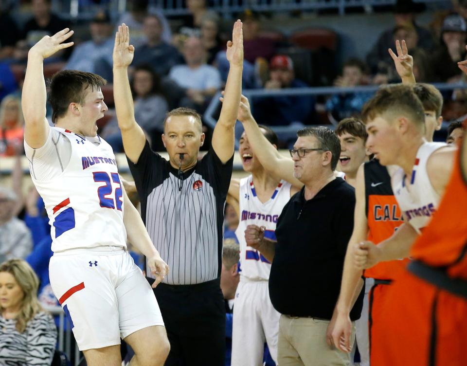 Fort Cobb-Broxton's Blayke Nunn (22) reacts after a 3-point basket Saturday in a 68-52 win against Calumet in the Class B boys basketball state championship game at State Fair Arena.