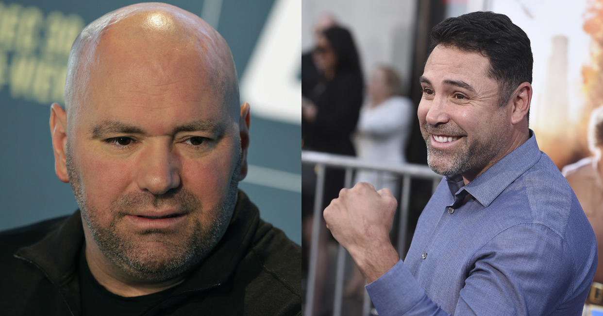 Dana White had a tremendous response to Oscar De La Hoya’s since-deleted tweet. (AP Photo/John Locher)