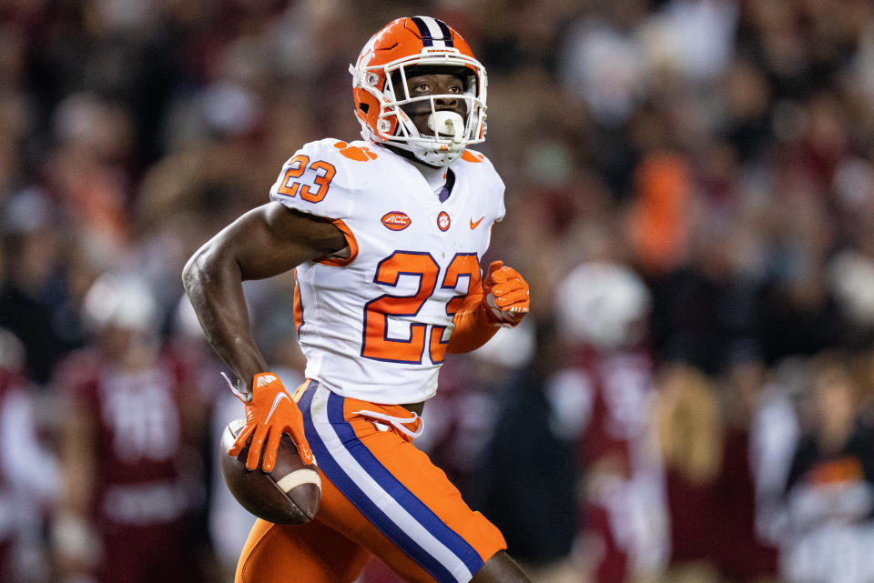 Clemson CB Andrew Booth Jr. celebrates an interception vs. South Carolina. (Photo by Jacob Kupferman/Getty Images)