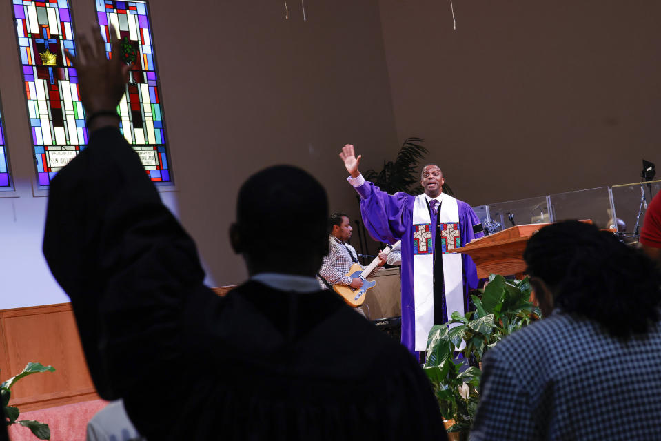 Rev. Dante Quick, preaches during a church service at the First Baptist Church of Lincoln Gardens on Sunday, May 22, 2022, in Somerset, N.J. Quick has made Black mental health an area of focus for his Baptist congregation. He has also attended to his own mental health needs and advises his congregants and seminarians to do the same. (AP Photo/Eduardo Munoz Alvarez)