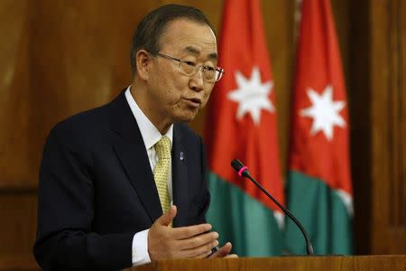 U.N. Secretary-General Ban Ki-moon speaks during a joint news conference with Jordanian Foreign Minister Nasser Judeh (not pictured) at the Ministry of Foreign Affairs in Amman July 23, 2014. REUTERS/Muhammad Hamed