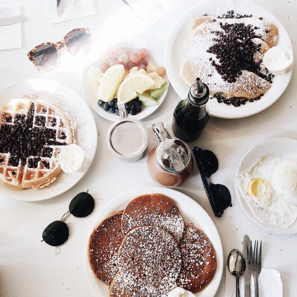 sweet potato & banana pancakes with a choc chip waffle at Pancake Pantry in Nashville, TN