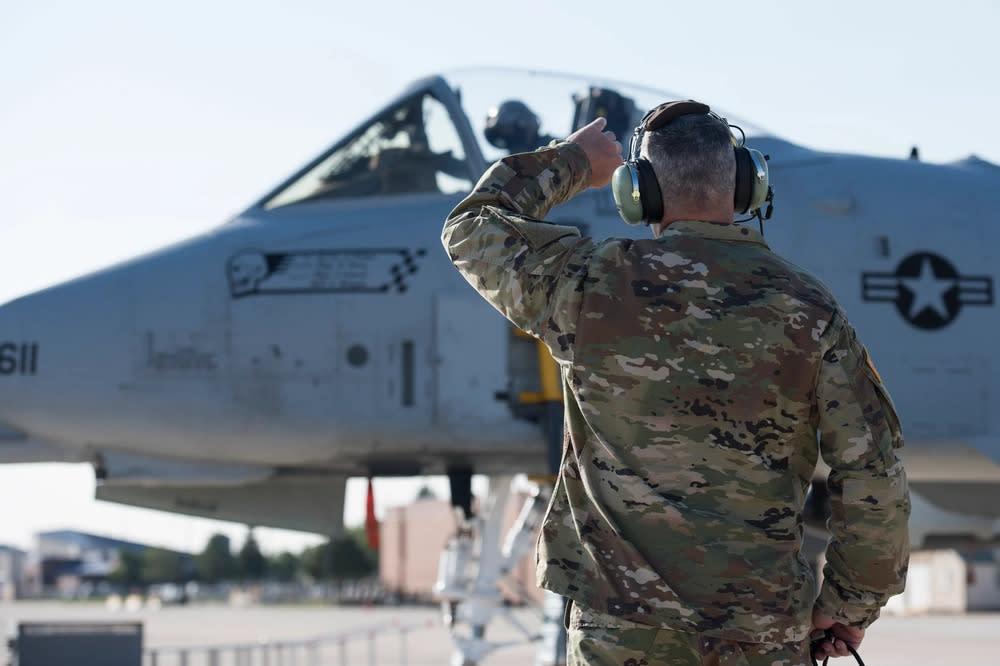 Michael J. Garshak, the adjutant general of Idaho and commander of the Idaho National Guard, participates in the launch of an A-10C Thunderbolt II