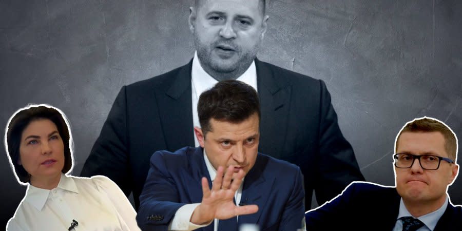 From Left: Iryna Venediktova, Volodymyr Zelenskyy, Ivan Bakanov. Above: President's Office Chief of Staff Andriy Yermak