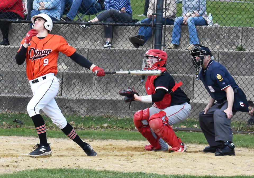 Diman's Jacob Almeida during the Diman Durfee game at Lafayette Park in Fall River Monday April 15 2024.