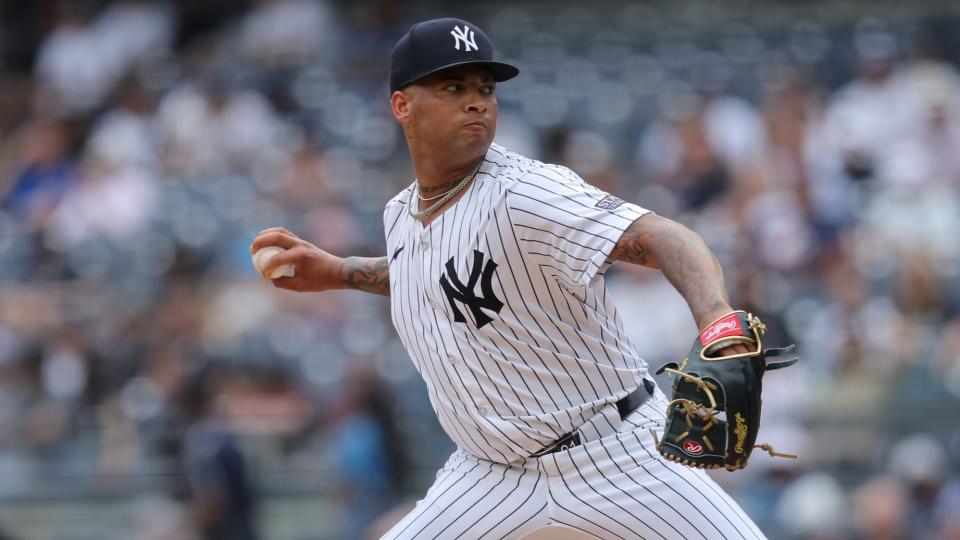 May 23, 2024;  Bronx, New York, USA;  New York Yankees starting pitcher Luis Gil (81) pitches against the Seattle Mariners during the second inning at Yankee Stadium.