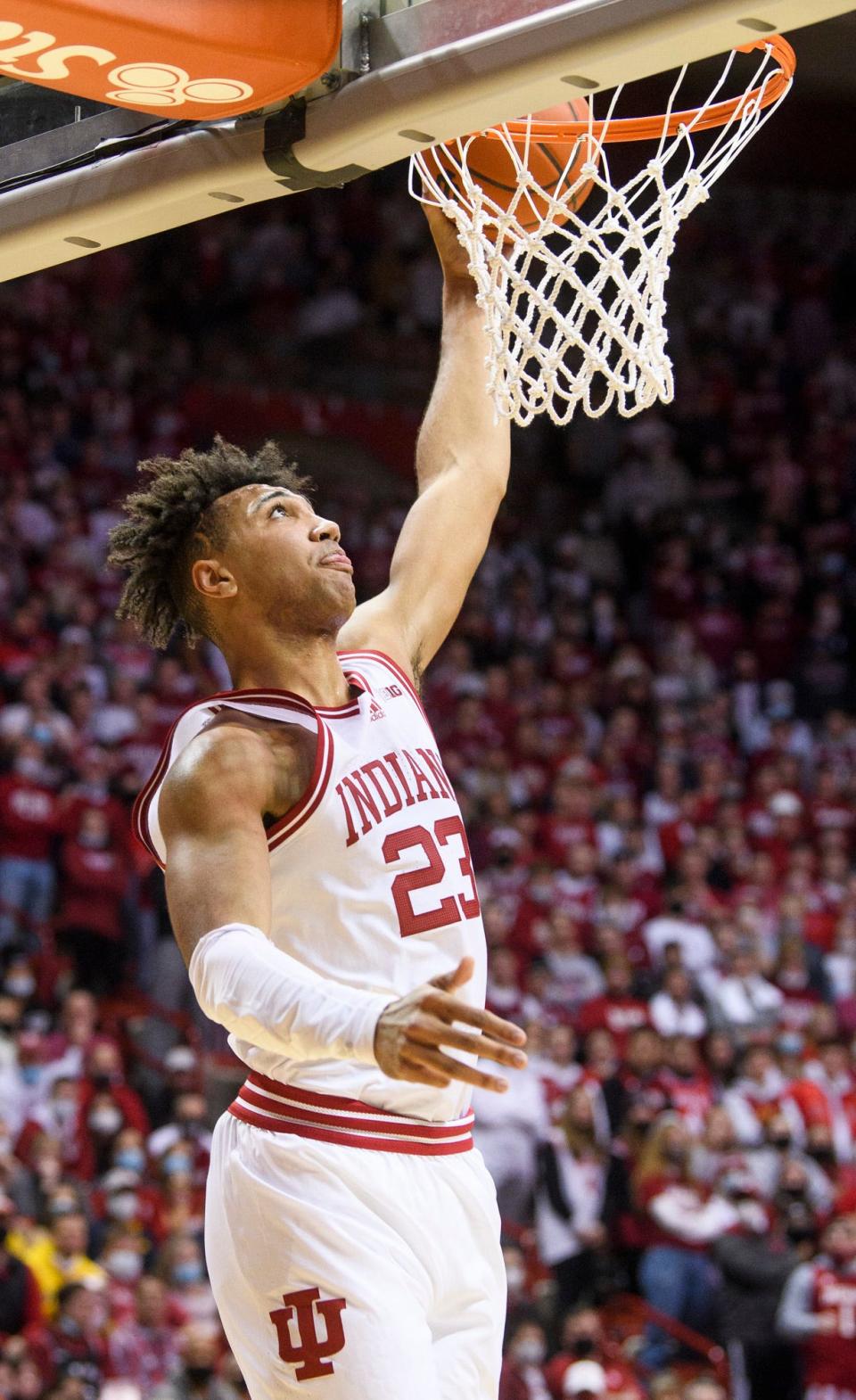 Indiana's Trayce Jackson-Davis (23) looks to score during the second half of the Indiana versus Michigan men's basketball game at Simon Skijodt Assembly Hall on Sunday, Jan. 23, 2022.