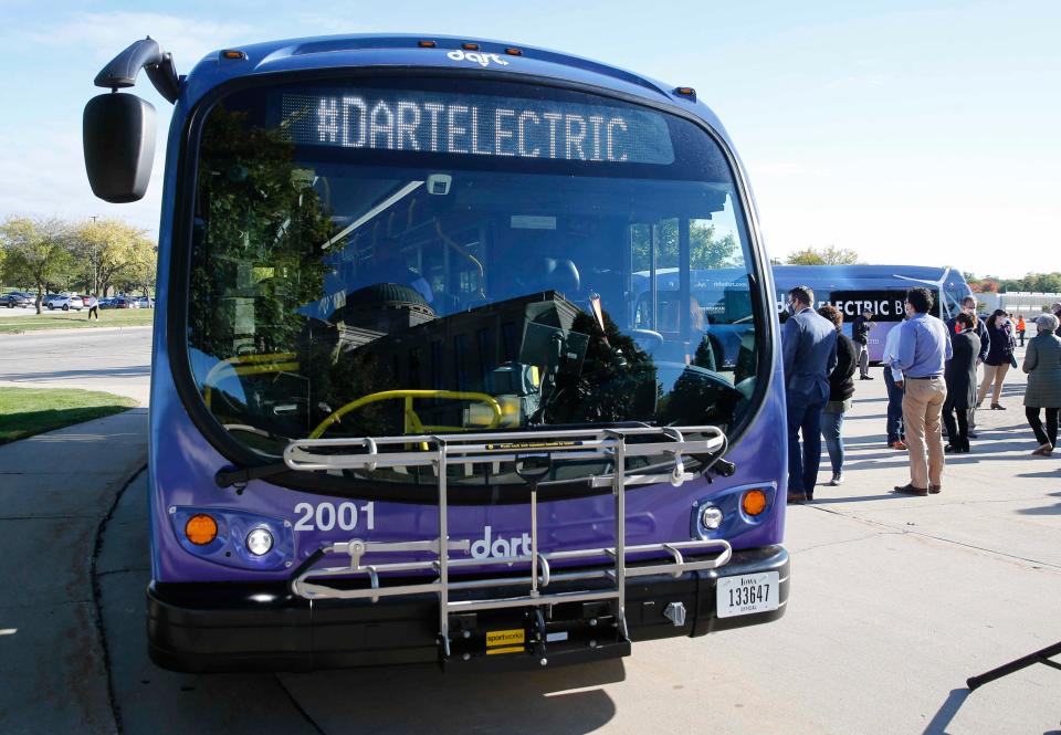 The Des Moines Area Regional Transit Authority unveils two fully electric buses Oct. 1, 2020, in Des Moines.