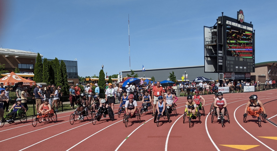 David Kirk was instrumental in starting the Seated Division State Championship for youth in wheelchairs. For his efforts he received the Ed Barker Award from a state track association.