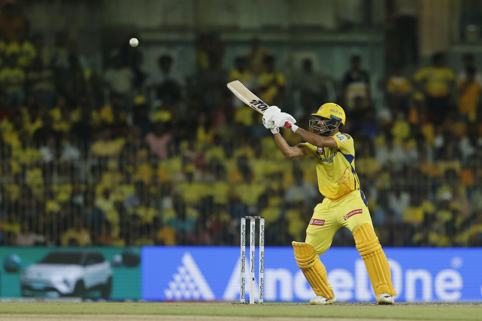 Chennai Super Kings' captain Ruturaj Gaikwad plays a shot during the Indian Premier League cricket match between Chennai Super Kings and Rajasthan Royals in Chennai, India, Sunday, May 12, 2024. (AP Photo/R. Parthibhan)