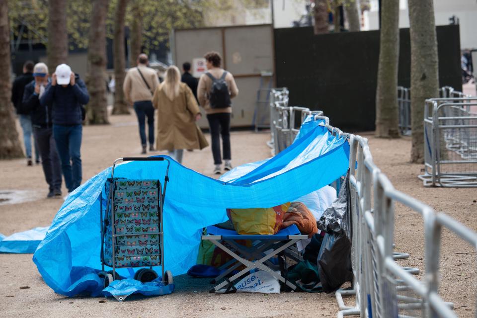 London, UK. 28th April, 2023. Royal Superfans have already started to camp out on the Mall ahead of the Coronation. It is now just over a week until the Coronation and London is expected to be very busy with tourists and visitors. Credit: Maureen McLean/Alamy Live News