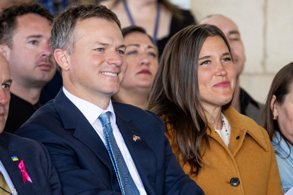 Rep. Blake Moore, R-Utah, and Salt Lake City Mayor Erin Mendenhall sit together at the opening of the new Kathryn F. Kirk Center for Comprehensive Cancer Care and Women’s Cancers at Huntsman Cancer Institute in Salt Lake City on Monday, May 8, 2023. | Spenser Heaps, Deseret News