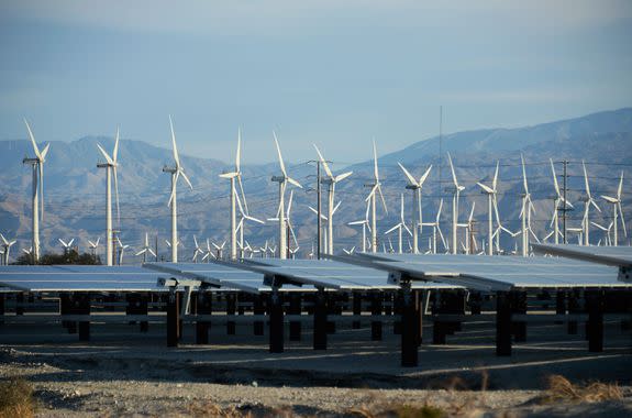 Wind turbines and solar panels in Palm Springs, California.