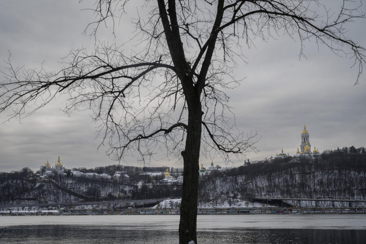 General view of snow-covered Kyiv, Ukraine, Friday, Dec. 2, 2022. (AP Photo/Bernat Armangue)