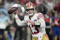 San Francisco 49ers quarterback Brock Purdy looks to throw against the Kansas City Chiefs during the first half of the NFL Super Bowl 58 football game Sunday, Feb. 11, 2024, in Las Vegas. (AP Photo/Brynn Anderson)