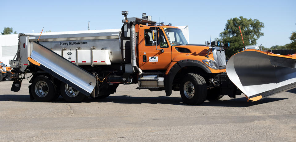 This image provided by the Minnesota Department of Transportation shows Plowy McPlowFace in St. Paul, Minn. Snowplows are essential to enduring winter in Minnesota, so maybe it's not surprising that every year thousands of people vote on names for the giant machines — everything from Plowy McPlowFace to Darth Blader. The often-icy state began naming its 800 plows in 2020 and will announce winners of its 2023-2024 Name a Snowplow contest next week, adding eight selections to more than three dozen names that already grace trucks already rumbling down the state's roads. (Minnesota Department of Transportation via AP)