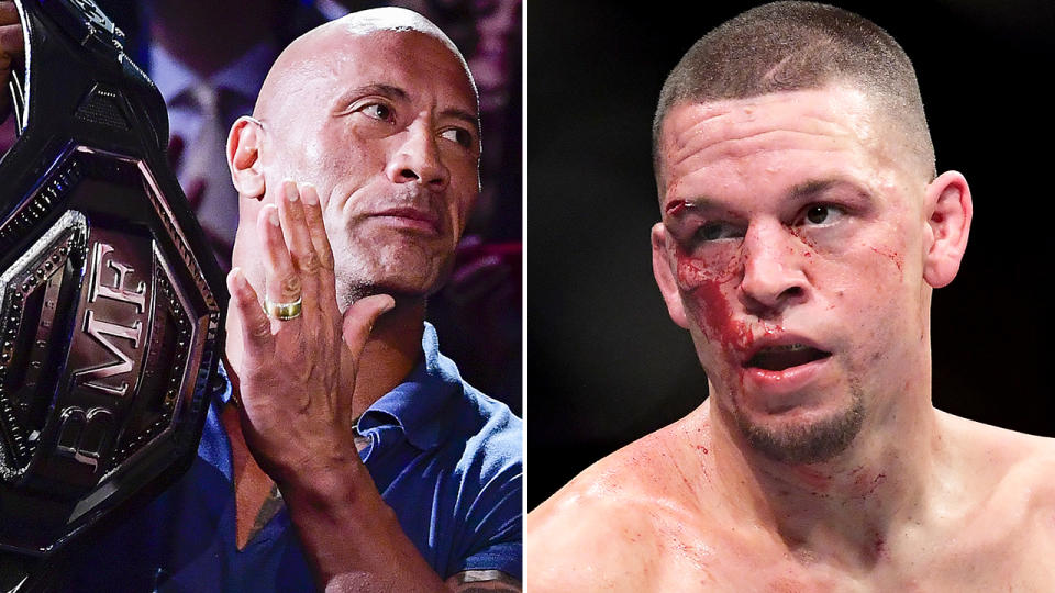 Former WWE superstar Dwayne Johnson has been called out by UFC star Nate Diaz, who was irritated the Hollywood actor presented rival Jorge Masvidal with the BMF belt after UFC 244. Pictures: Getty Images